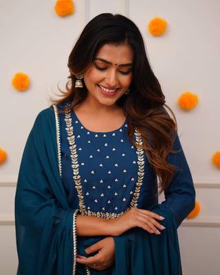 turquoise Rayon Slub Fabric Embroidered work Straight cut Kurta Pant and Dupatta Set 4