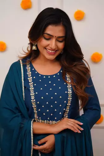 turquoise Rayon Slub Fabric Embroidered work Straight cut Kurta Pant and Dupatta Set