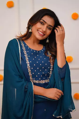 turquoise Rayon Slub Fabric Embroidered work Straight cut Kurta Pant and Dupatta Set