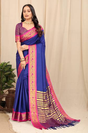 Blue Self Jacqurd Fancy Silk Dharmavarm Saree With Blouse