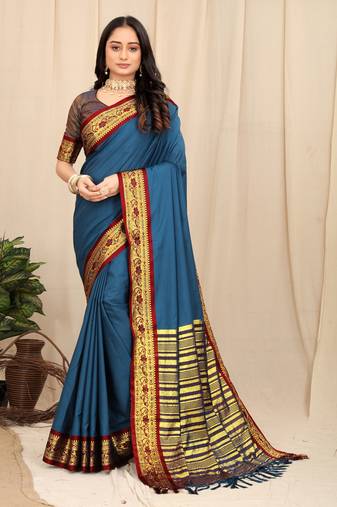 Turquenoise Self Jacqurd Fancy Silk Dharmavarm Saree With Blouse