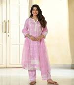 Pink Cotton Silk Floral Printed Fabric Lace border Work Straight Kurta, Pant and Dupatta Set