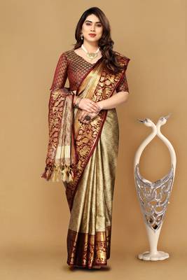 Beige self jacqurd cotton silk dharmavarm saree with blouse 1