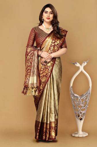 Beige self jacqurd cotton silk dharmavarm saree with blouse