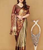 Beige self jacqurd cotton silk dharmavarm saree with blouse