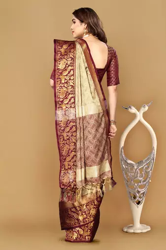 Beige self jacqurd cotton silk dharmavarm saree with blouse