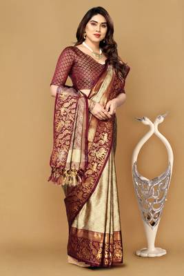 Beige self jacqurd cotton silk dharmavarm saree with blouse 3