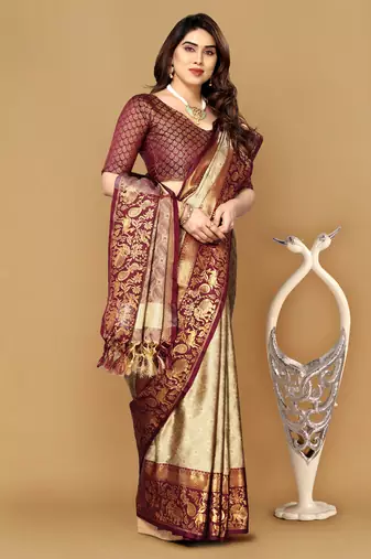 Beige self jacqurd cotton silk dharmavarm saree with blouse