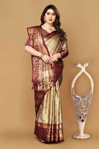 Beige self jacqurd cotton silk dharmavarm saree with blouse