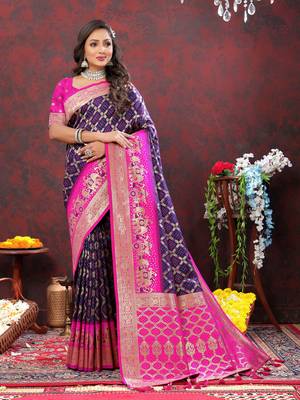 Women's latest design blue and pink color bandhani patola silk saree with blouse piece 1