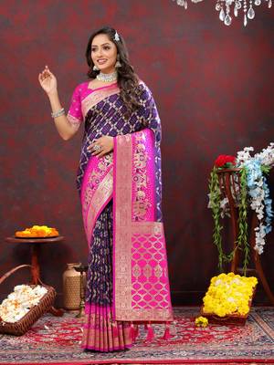 Women's latest design blue and pink color bandhani patola silk saree with blouse piece 2