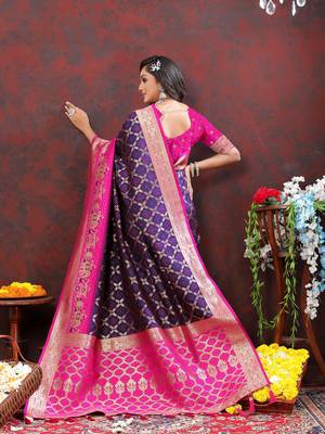 Women's latest design blue and pink color bandhani patola silk saree with blouse piece 3