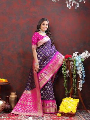 Women's latest design blue and pink color bandhani patola silk saree with blouse piece 5