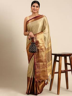 Beige Green Self Jacqurd Cotton Silk Dharmavarm Saree With Blouse 1