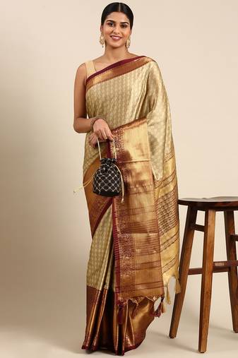 Beige Green Self Jacqurd Cotton Silk Dharmavarm Saree With Blouse