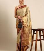 Beige Green Self Jacqurd Cotton Silk Dharmavarm Saree With Blouse