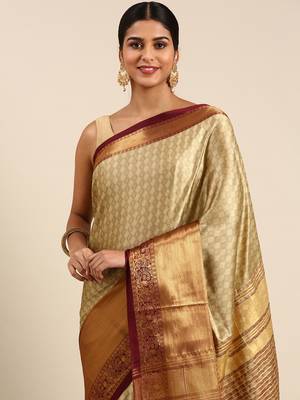 Beige Green Self Jacqurd Cotton Silk Dharmavarm Saree With Blouse 2