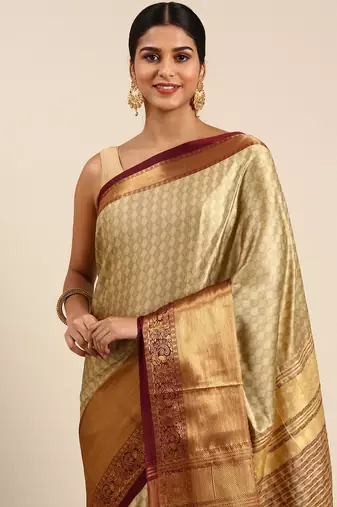 Beige Green Self Jacqurd Cotton Silk Dharmavarm Saree With Blouse