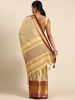 Beige Green Self Jacqurd Cotton Silk Dharmavarm Saree With Blouse 3