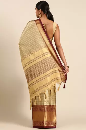 Beige Green Self Jacqurd Cotton Silk Dharmavarm Saree With Blouse