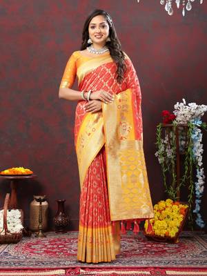 Women's latest design red color bandhani patola silk saree with blouse piece 1