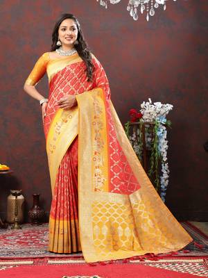 Women's latest design red color bandhani patola silk saree with blouse piece 2