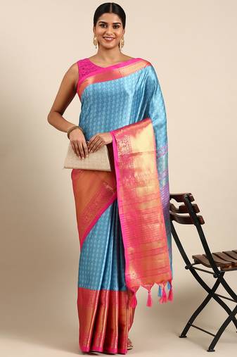 Turqunoise Green Self Jacqurd Cotton Silk Dharmavarm Saree With Blouse