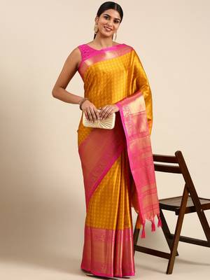 Gold Green Self Jacqurd Cotton Silk Dharmavarm Saree With Blouse 1