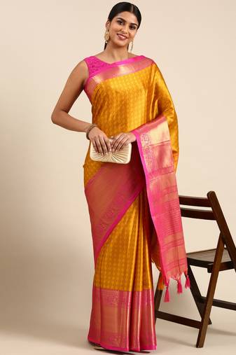 Gold Green Self Jacqurd Cotton Silk Dharmavarm Saree With Blouse