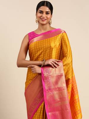 Gold Green Self Jacqurd Cotton Silk Dharmavarm Saree With Blouse 2