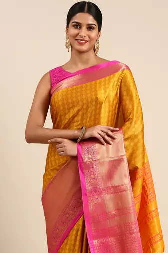 Gold Green Self Jacqurd Cotton Silk Dharmavarm Saree With Blouse