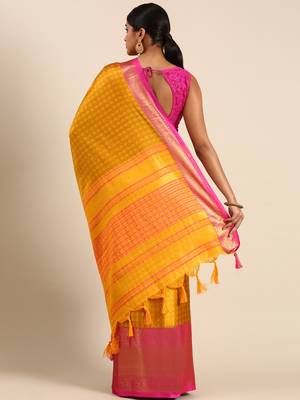Gold Green Self Jacqurd Cotton Silk Dharmavarm Saree With Blouse 3