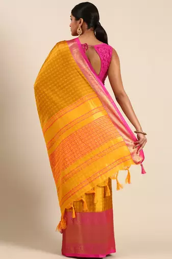 Gold Green Self Jacqurd Cotton Silk Dharmavarm Saree With Blouse