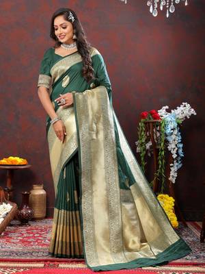 Women's latest design bottlegreen color soft silk saree with blouse piece 1