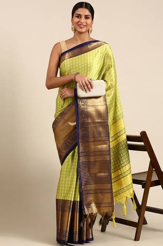 Lemon Navy Green Self Jacqurd Cotton Silk Dharmavarm Saree With Blouse