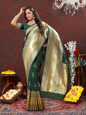 Women's latest design bottlegreen color soft silk saree with blouse piece 2