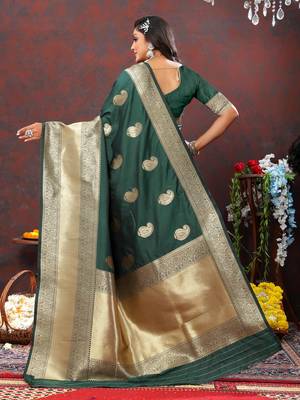 Women's latest design bottlegreen color soft silk saree with blouse piece 3