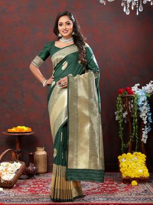 Women's latest design bottlegreen color soft silk saree with blouse piece 5