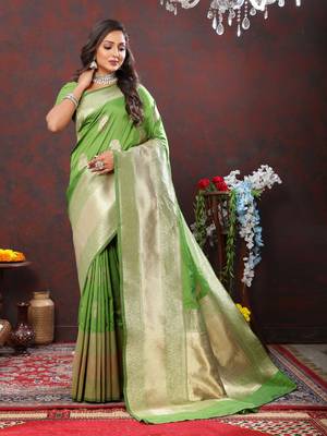 Women's latest design green color soft silk saree with blouse piece 1
