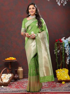 Women's latest design green color soft silk saree with blouse piece 5