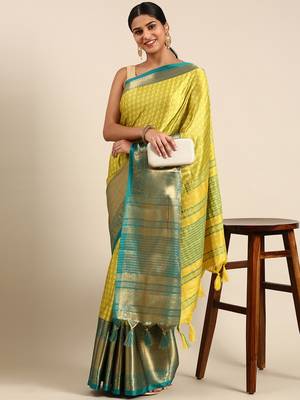 Lemon Rama Green Self Jacqurd Cotton Silk Dharmavarm Saree With Blouse 1