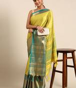 Lemon Rama Green Self Jacqurd Cotton Silk Dharmavarm Saree With Blouse