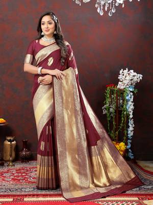 Women's latest design maroon color soft silk saree with blouse piece 1
