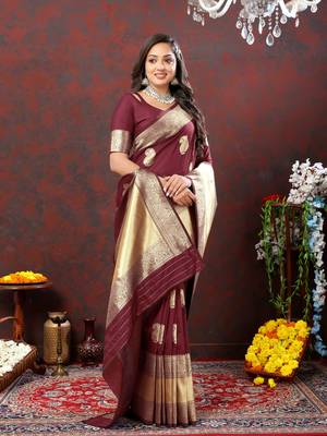 Women's latest design maroon color soft silk saree with blouse piece 2