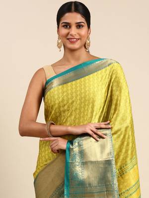 Lemon Rama Green Self Jacqurd Cotton Silk Dharmavarm Saree With Blouse 2
