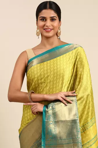 Lemon Rama Green Self Jacqurd Cotton Silk Dharmavarm Saree With Blouse