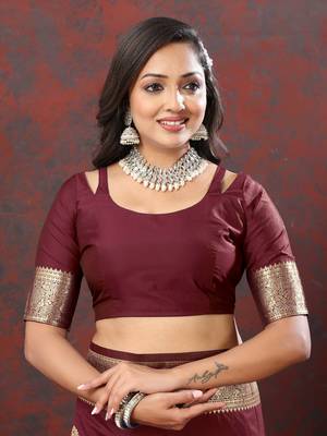 Women's latest design maroon color soft silk saree with blouse piece 4