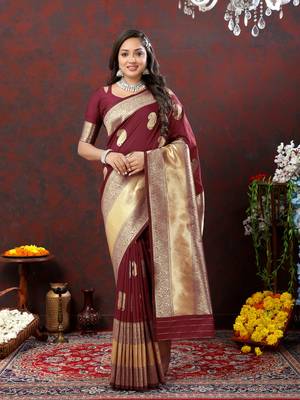 Women's latest design maroon color soft silk saree with blouse piece 5