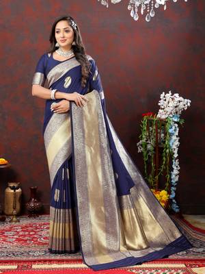 Women's latest design navy color soft silk saree with blouse piece 1