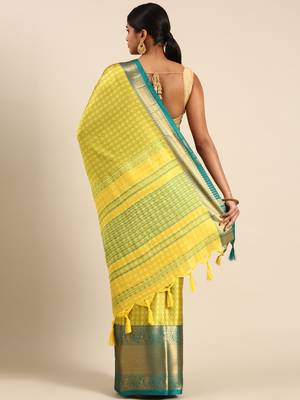 Lemon Rama Green Self Jacqurd Cotton Silk Dharmavarm Saree With Blouse 3